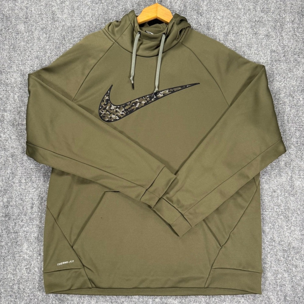 Nike Therma-FIT Hoodie Men's XXL Olive Green Camo Swoosh Pullover